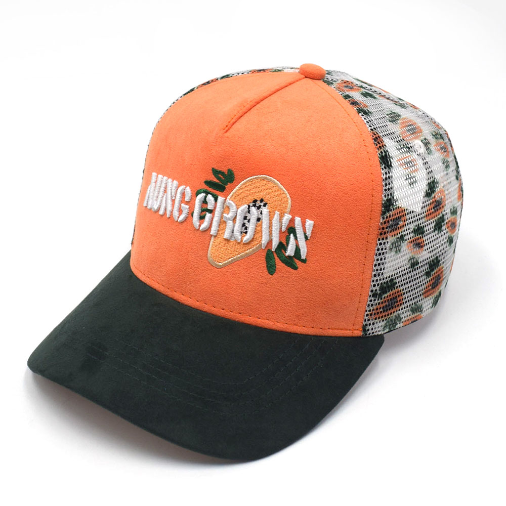 >aungcrown logo 5 panels suede printing mesh trucker hats