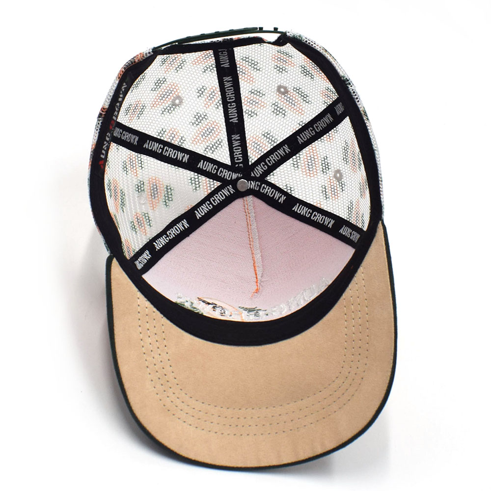 aungcrown logo 5 panels suede printing mesh trucker hats