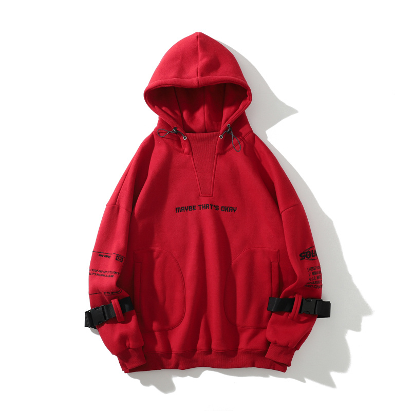 Red color hoodies for men and women with knit neckline