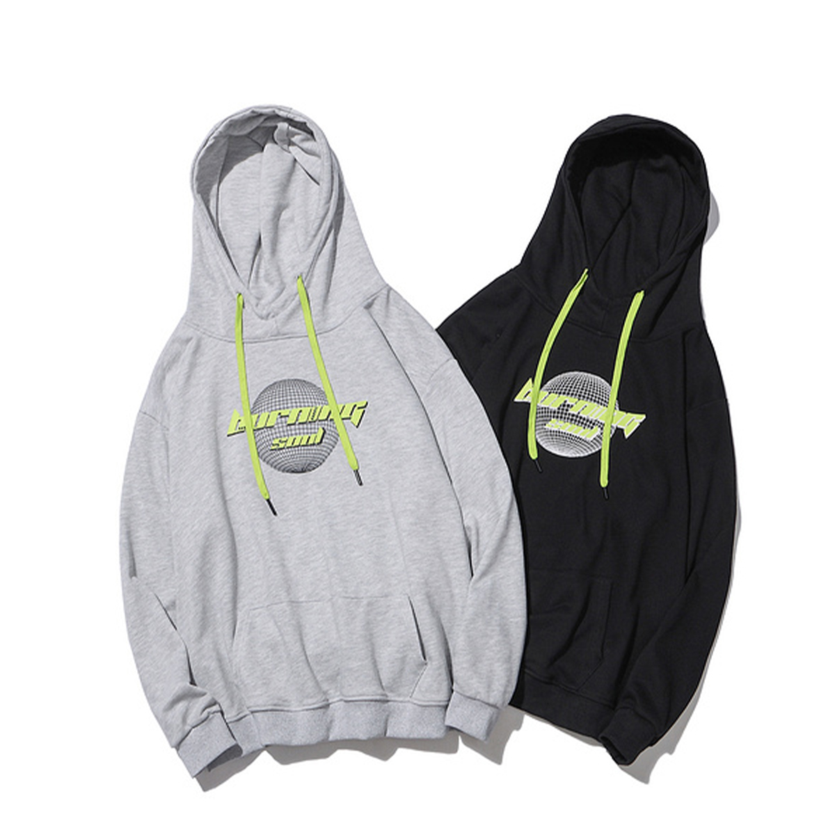 >contrast color printed logo hoodies