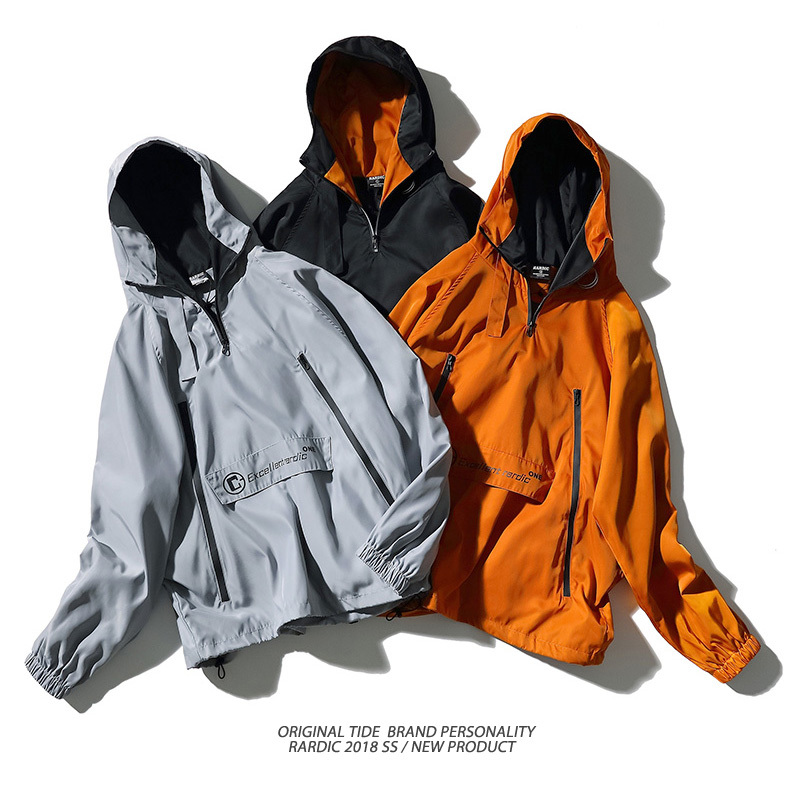 Men’s orange color lightweight windbreaker jacket style hoodies.