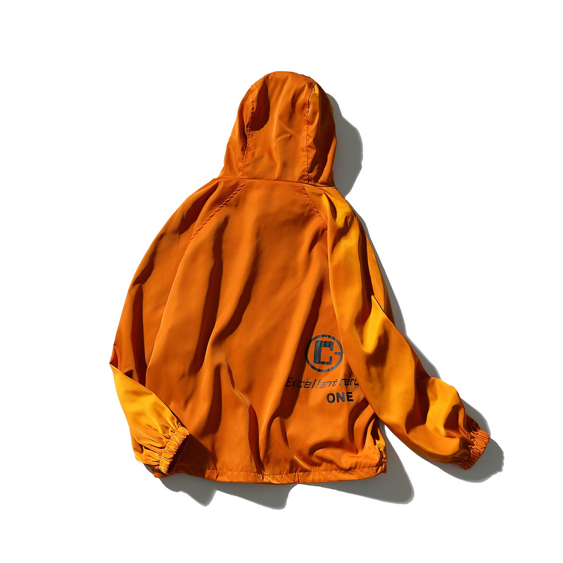 Men’s orange color lightweight windbreaker jacket style hoodies.