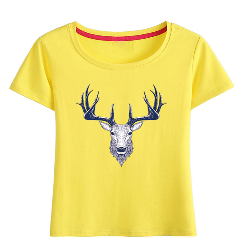 >Cotton crewneck deer head printing t shirt for women