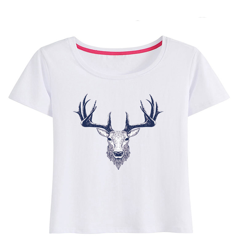 Cotton crewneck deer head printing t shirt for women