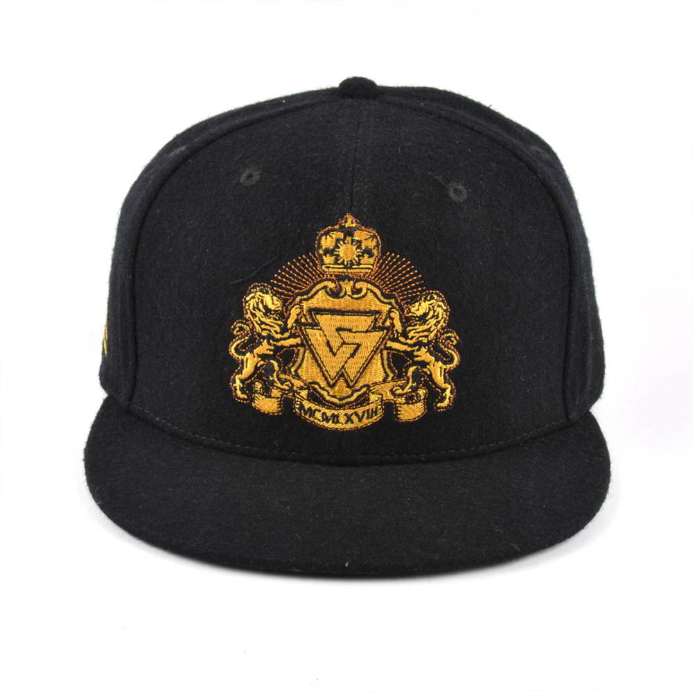 >embroidery logo black metal wool snapback hats