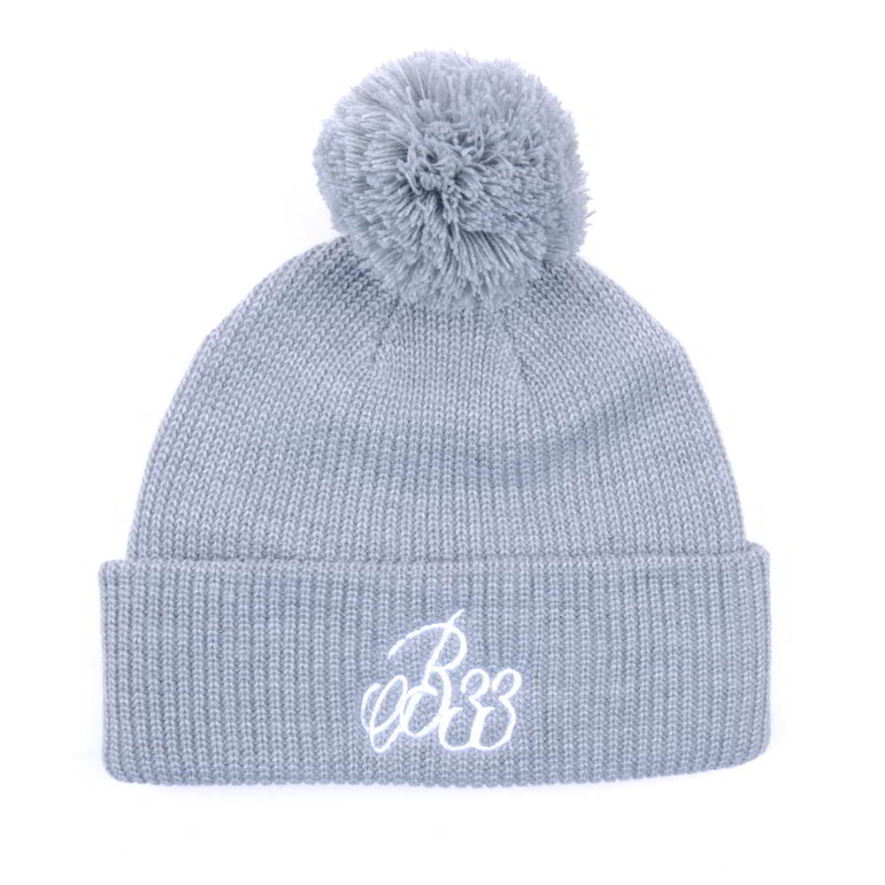 gray beanies embroidery logo cuffed pom beanies