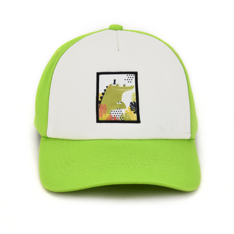 >Cartoon pattern embroidery patch dad hat baseball cap 5 panels green.