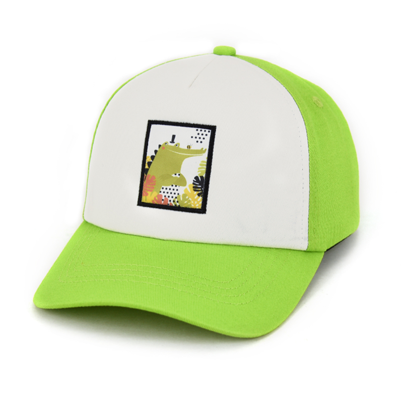 Cartoon pattern embroidery patch dad hat baseball cap 5 panels green.