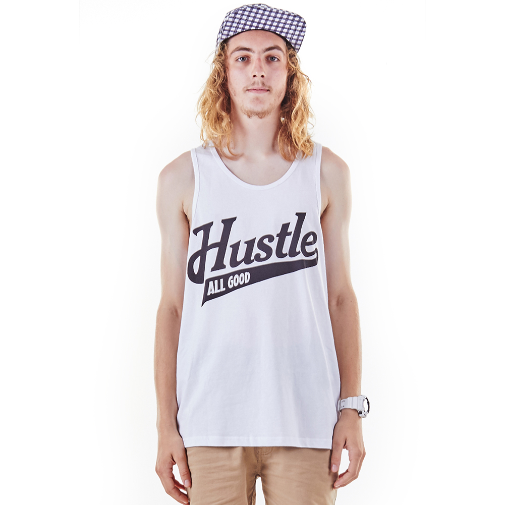 >White loose graphic hustle tank top for men