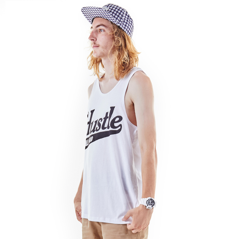 White loose graphic hustle tank top for men